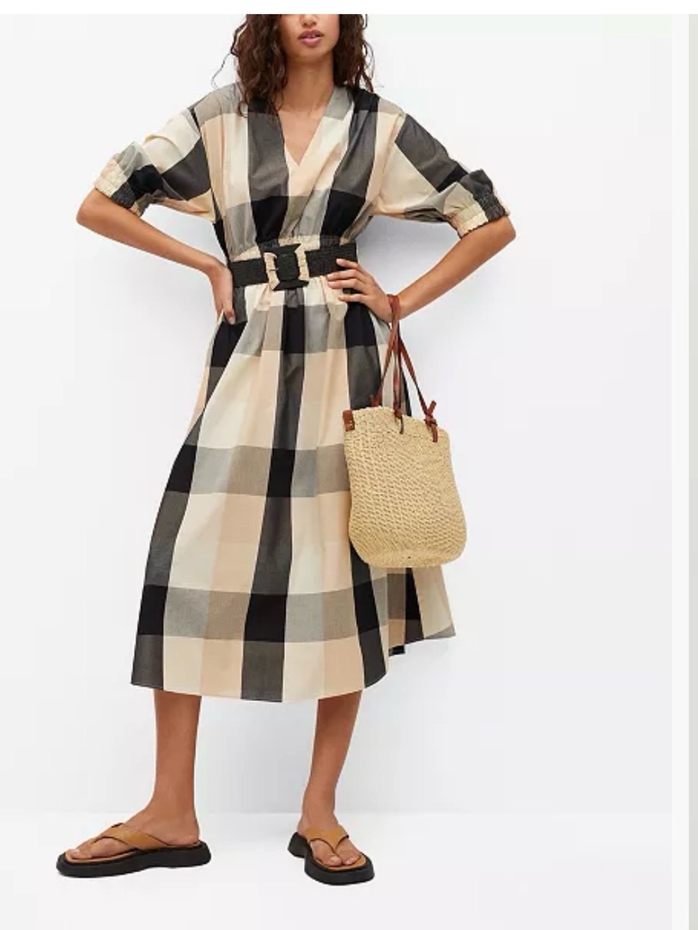 Mango Buffalo Check Belt Dress Puff Sleeve Cotton Midi Smocked